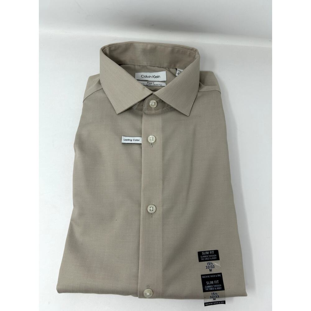 Calvin Klein Mens Slim Fit Shirt Taupe Size 15.5 (32/33) M Stretch Wrinkle Free